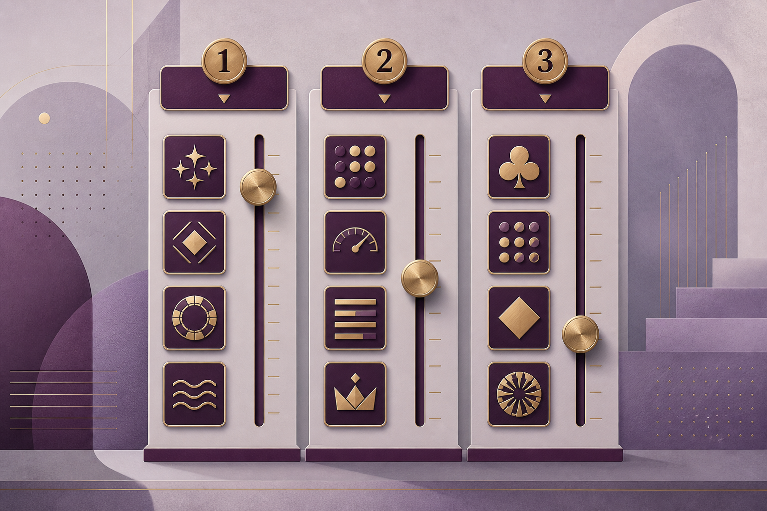 Abstract ranking columns and brass dials illustrating a comparison tool