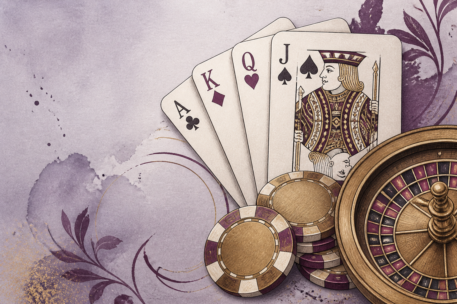 Editorial illustration of cards, chips and a roulette detail on lavender paper